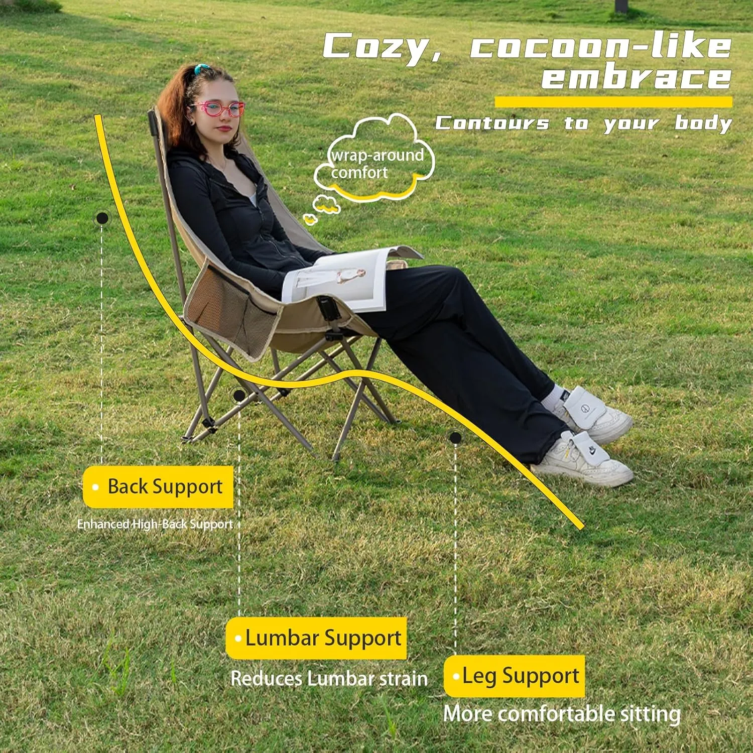 Whitsunday Camping Chair,Compact Backpacking Outdoor Chair,High Back Portable Folding Moon Chair for Heavy People,Beach Chair with Side Pocket-Khaki