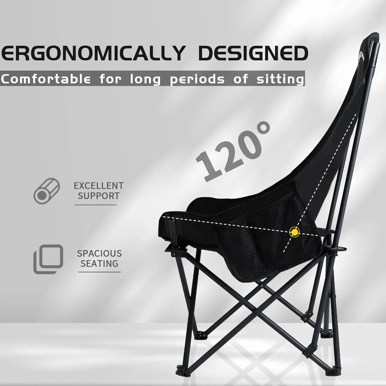 Whitsunday Camping Chair,Compact Backpacking Outdoor Chair,High Back Portable Folding Moon Chair for Heavy People,Beach Chair with Side Pocket-Khaki