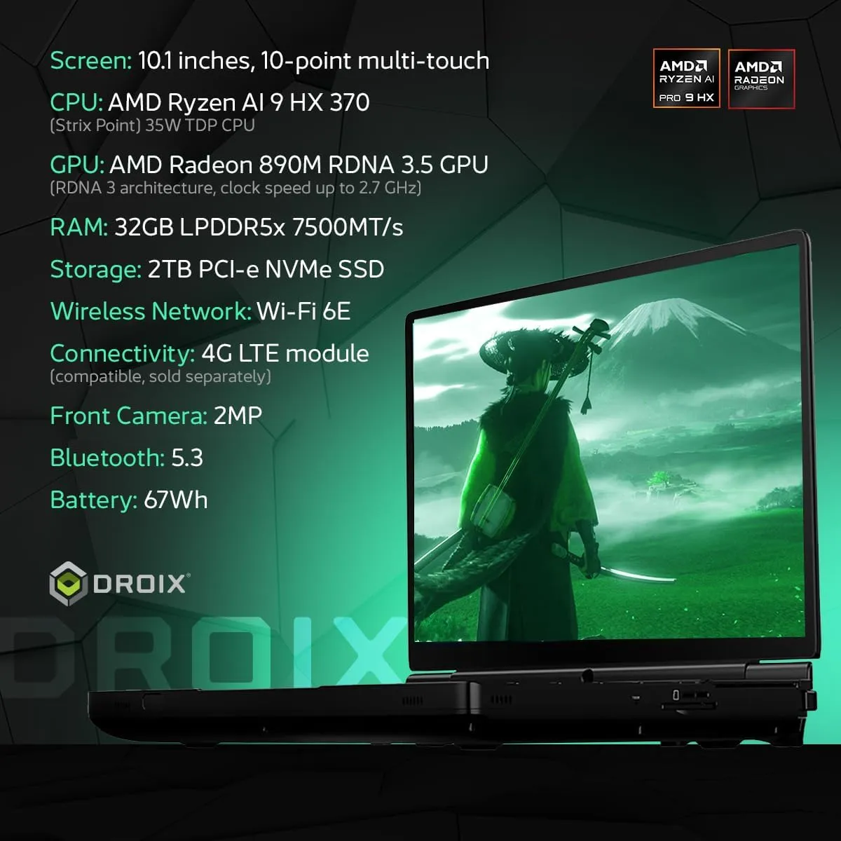 Win MAX 2 2025 Handheld Gaming PC with AMD Ryzen AI 9 HX 370, Radeon 890M GPU, 32GB RAM, 2TB SSD with 4G Module, OcuLink, 10.1" IPS Display, Gaming Controls, Keyboard and touchpad