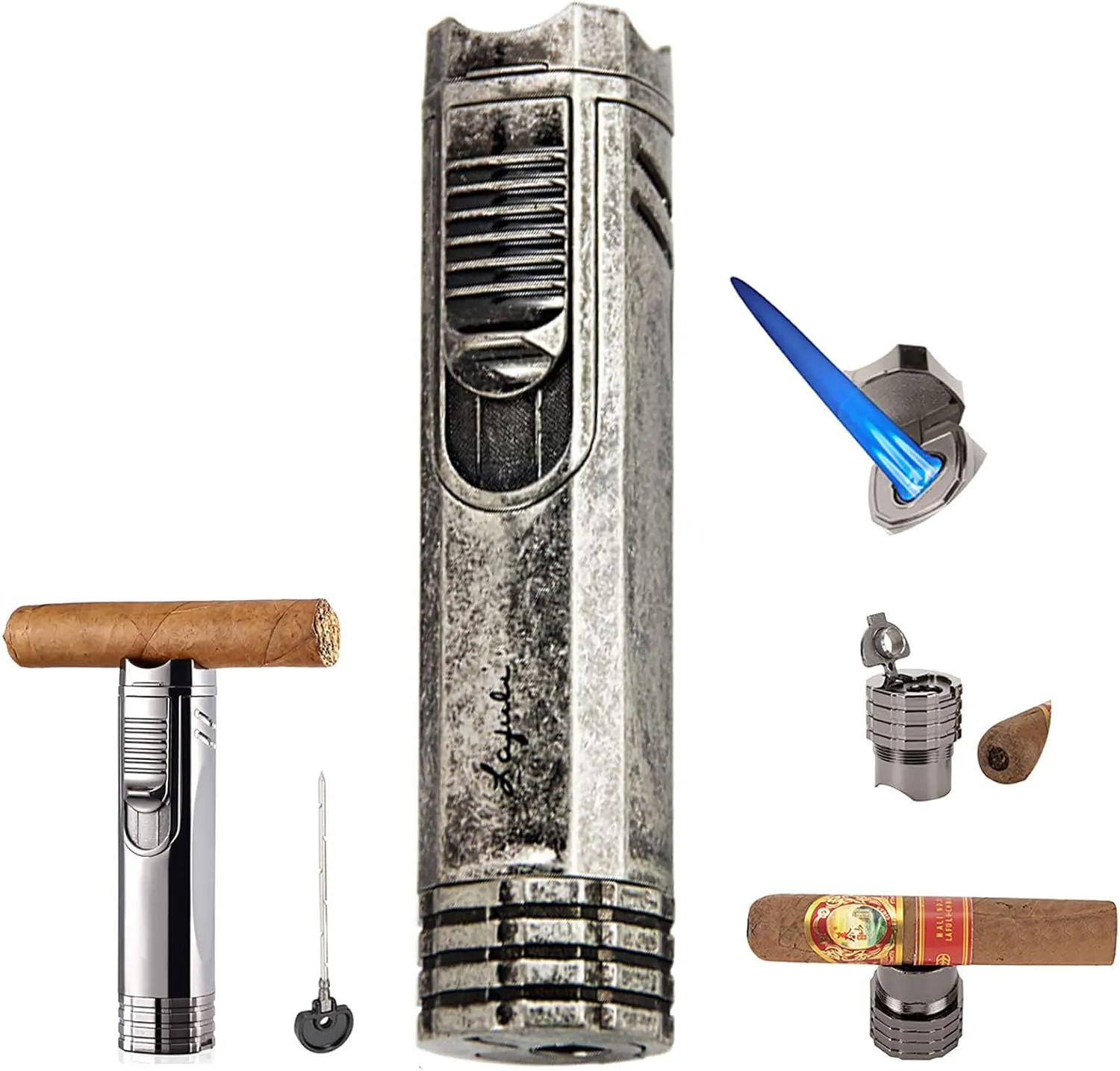 Windproof Cigar Lighter with Puncher Holder Needle Metal Portable 3 Jet Flame Multifunction Refillable Smoking Accessories