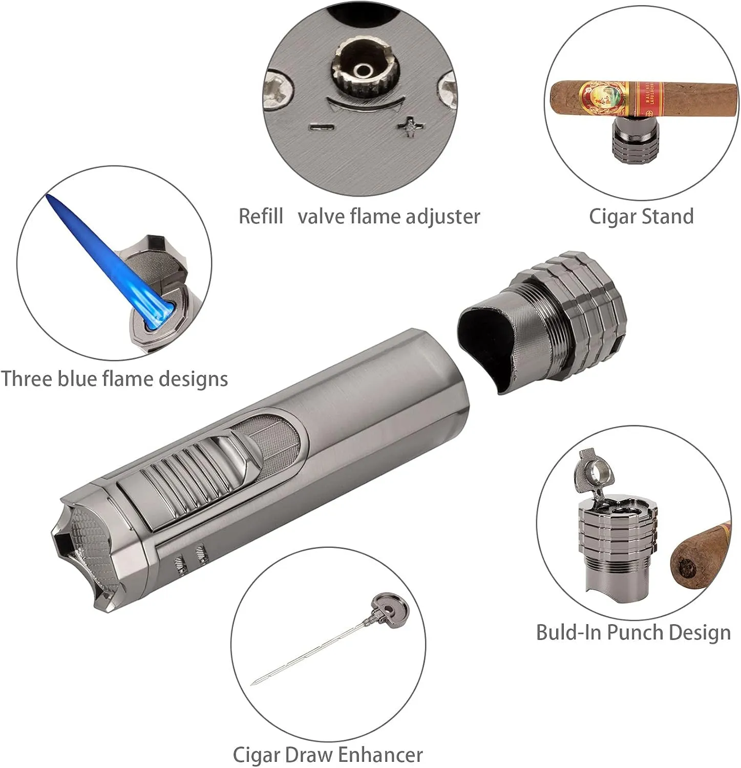 Windproof Cigar Lighter with Puncher Holder Needle Metal Portable 3 Jet Flame Multifunction Refillable Smoking Accessories