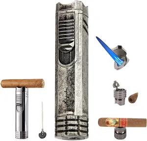 Windproof Cigar Lighter with Puncher Holder Needle Metal Portable 3 Jet Flame Multifunction Refillable Smoking Accessories
