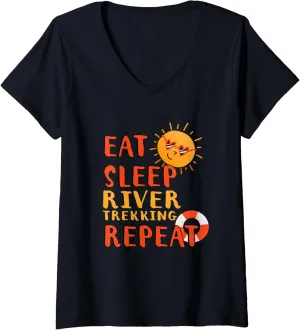 Womens Eat Sleep River Trekking Repeat River Trekking Hobby V-Neck T-Shirt