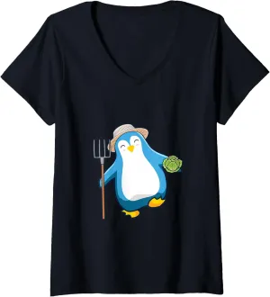 Womens Farmer Farm Rake Gardening Plants Penguins Flippers Penguin V-Neck T-Shirt
