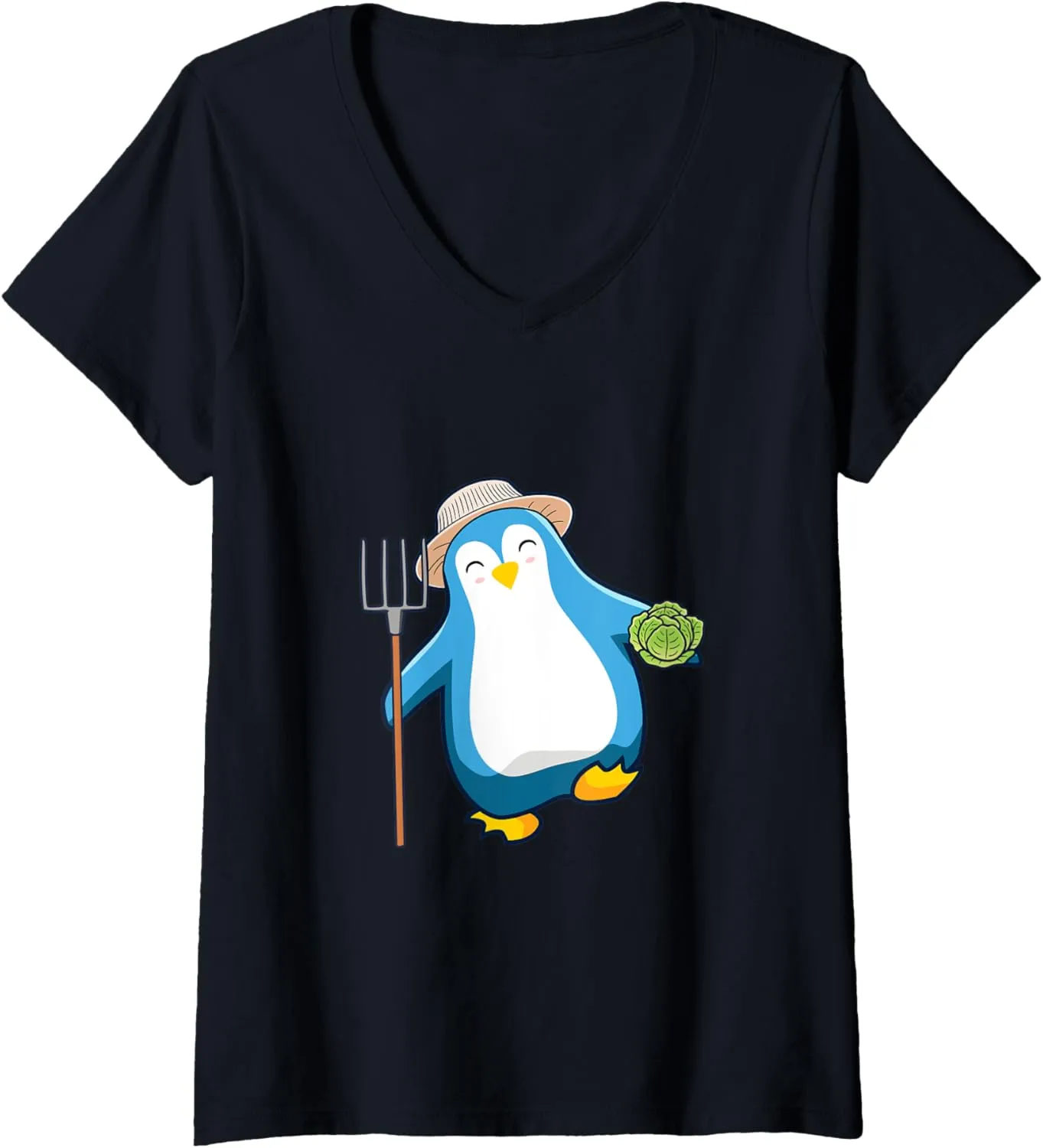 Womens Farmer Farm Rake Gardening Plants Penguins Flippers Penguin V-Neck T-Shirt
