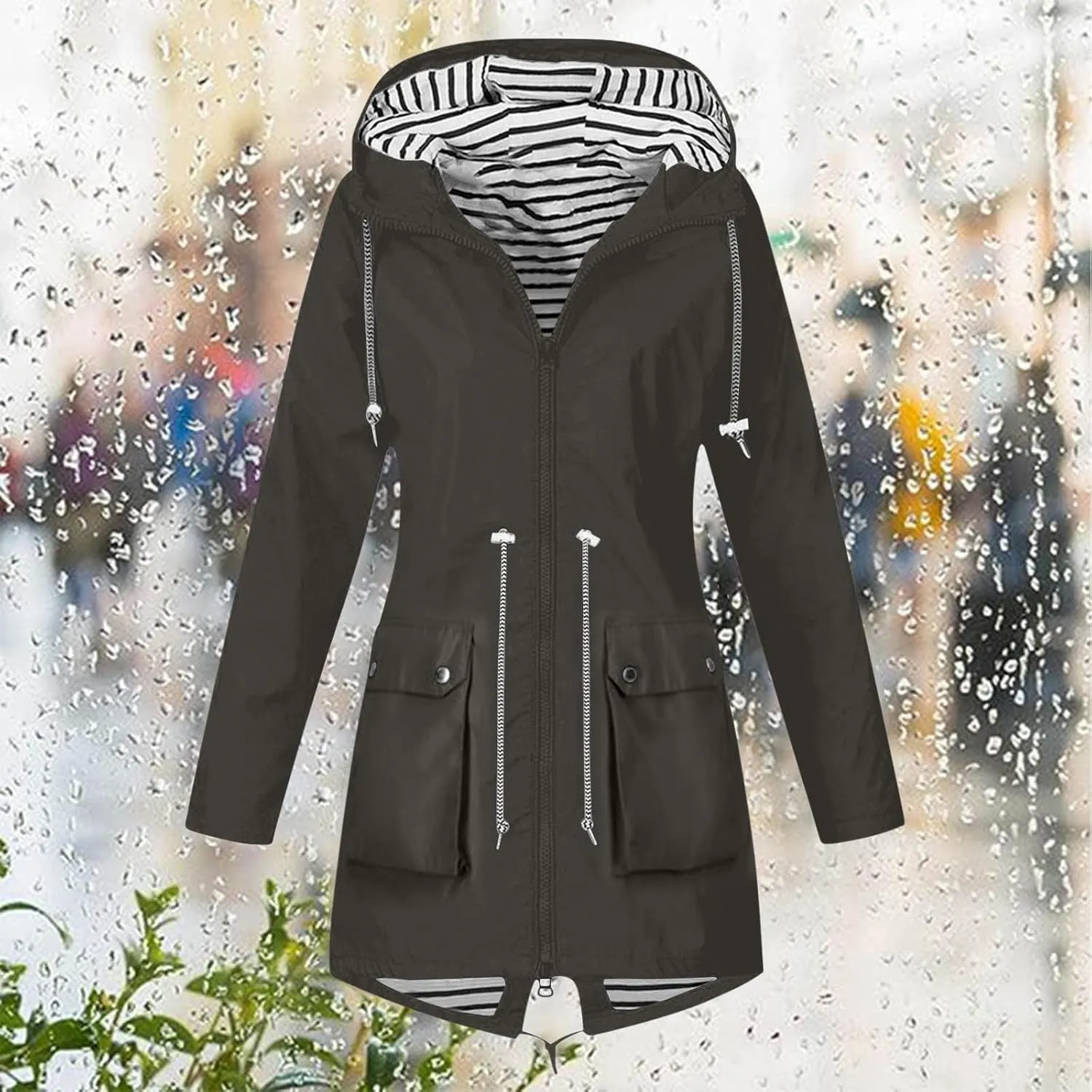 Women's Raincoat Windbreaker Zipper Hoodies Rain Jacket Waterproof Lightweight Outdoor Coat Hooded Trench Coats