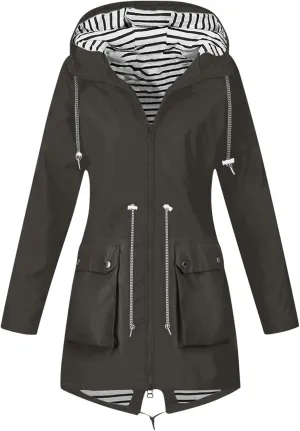 Women's Raincoat Windbreaker Zipper Hoodies Rain Jacket Waterproof Lightweight Outdoor Coat Hooded Trench Coats