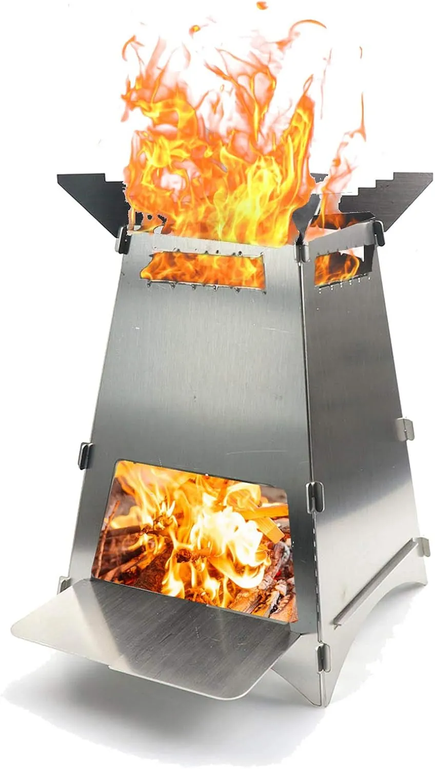 Wood Burning Camping Stove, Stainless Steel Backpacking Stoves, Folding Camping Wood Stove, Mini Rocket Stove for Hiking BBQ Cooking Campfire
