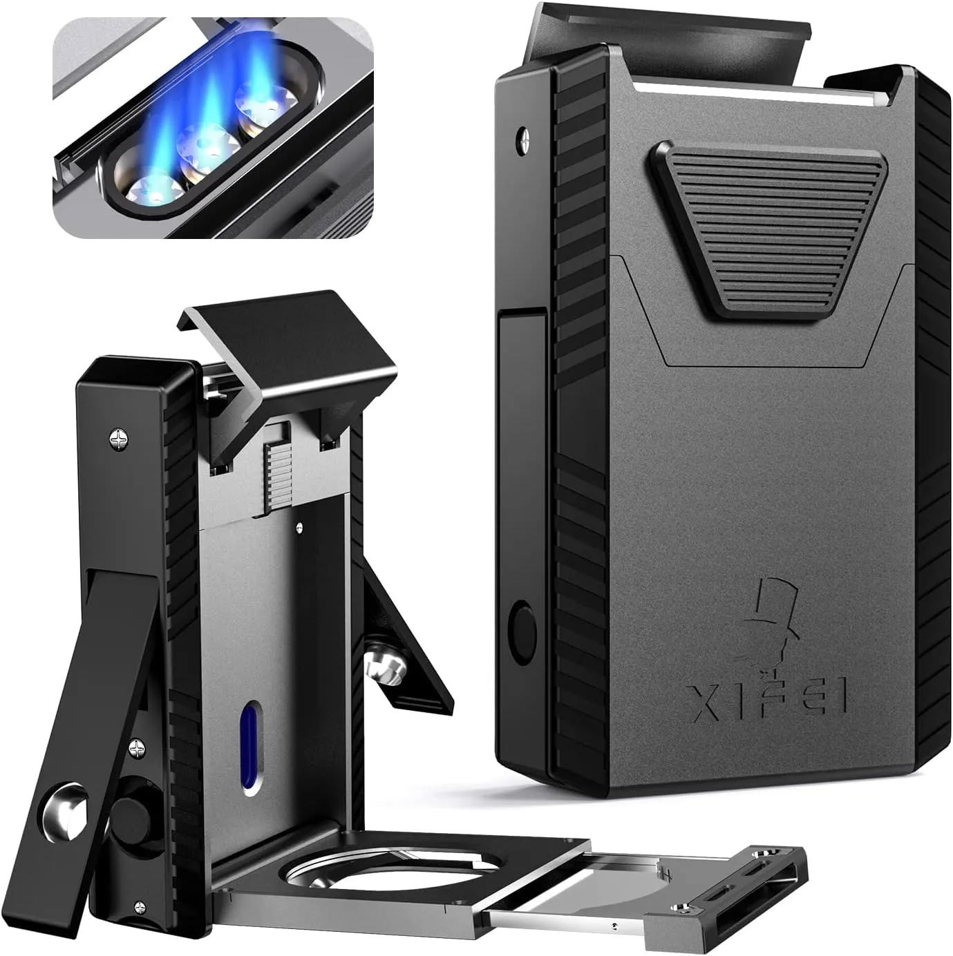 XIFEI Cigar Lighter Triple-Jet Flame, with Integrated Cigar Puncher and Double-Blade Cigar Cutter (Black)