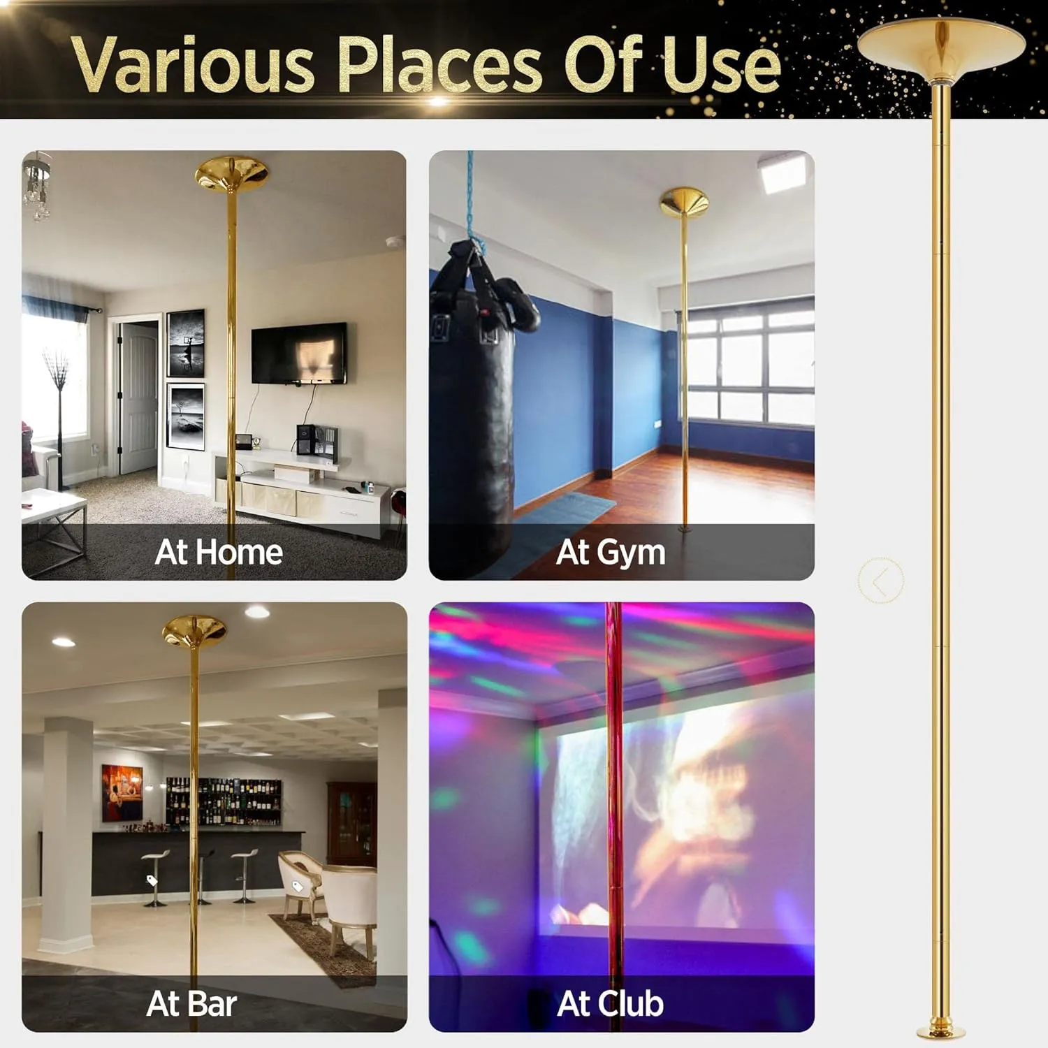 Yaheetech Dance Pole Spinning Static Dancing Pole Portable Removable for Home Club Bar Gym 44.5-108.3” Height Adjustable & Weight Capacity 500lb, Silver/Gold