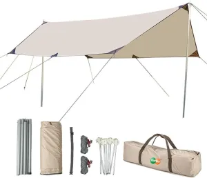 YUEWO 15×10FT 210D Oxford UPF50  Shelter Camping Tarp with 2 * 7FT Poles, Waterproof & Lightweight Tent Tarp, Rain Fly Sun Shelter, Can Used with Car,Tent & Hammock for Picnic, Garden & Outdoor