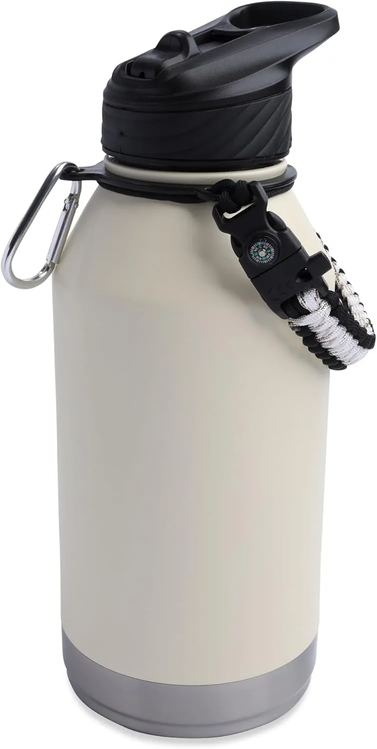Zenith Straw Stainless Steel Bottle with Carabiner, Compass, Signal Whistle, and Fire Starter - 64 Oz - Swan Song Powder Coat