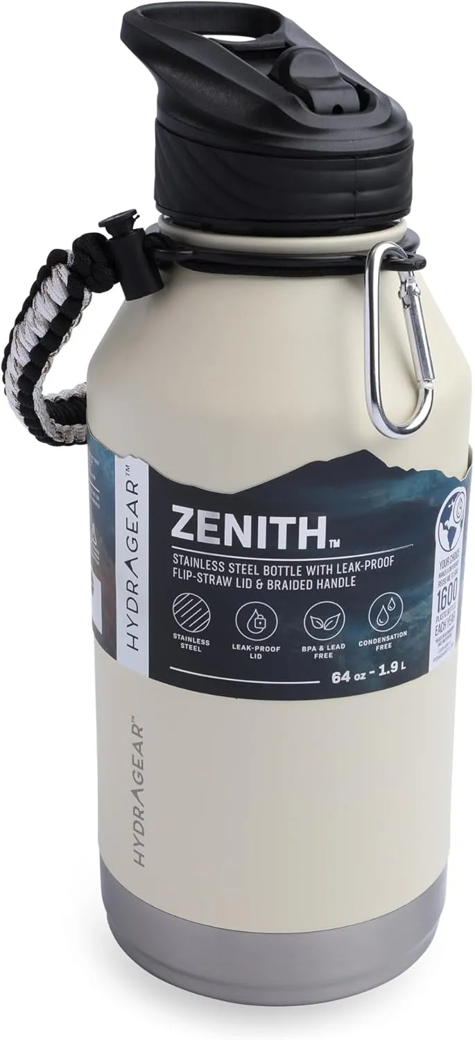 Zenith Straw Stainless Steel Bottle with Carabiner, Compass, Signal Whistle, and Fire Starter - 64 Oz - Swan Song Powder Coat