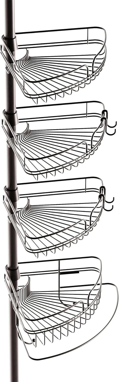 Zenna Home Tension Pole Shower Caddy, Adjustable Corner Shower Storage System with 4 Baskets and Built in Towel Bar, Bathroom Organization Solution, 60 to 97 Inch, Bronze
