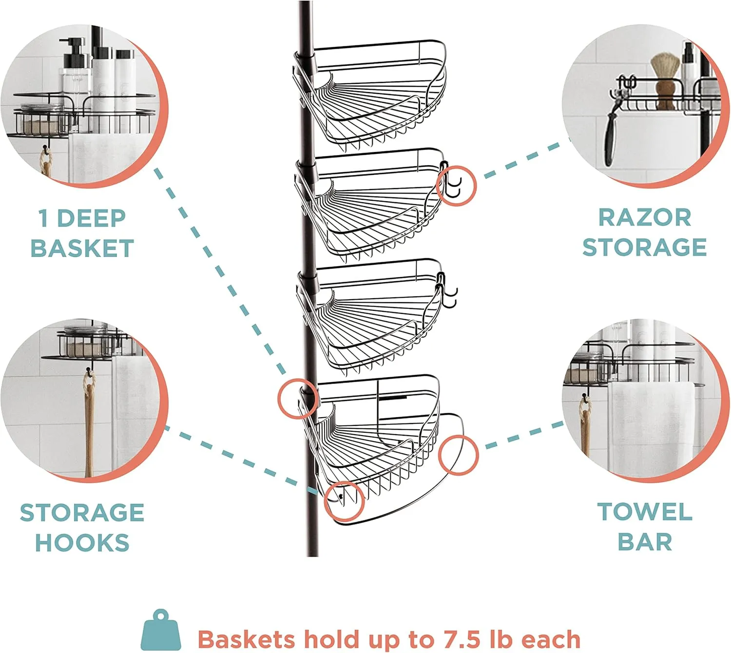 Zenna Home Tension Pole Shower Caddy, Adjustable Corner Shower Storage System with 4 Baskets and Built in Towel Bar, Bathroom Organization Solution, 60 to 97 Inch, Bronze