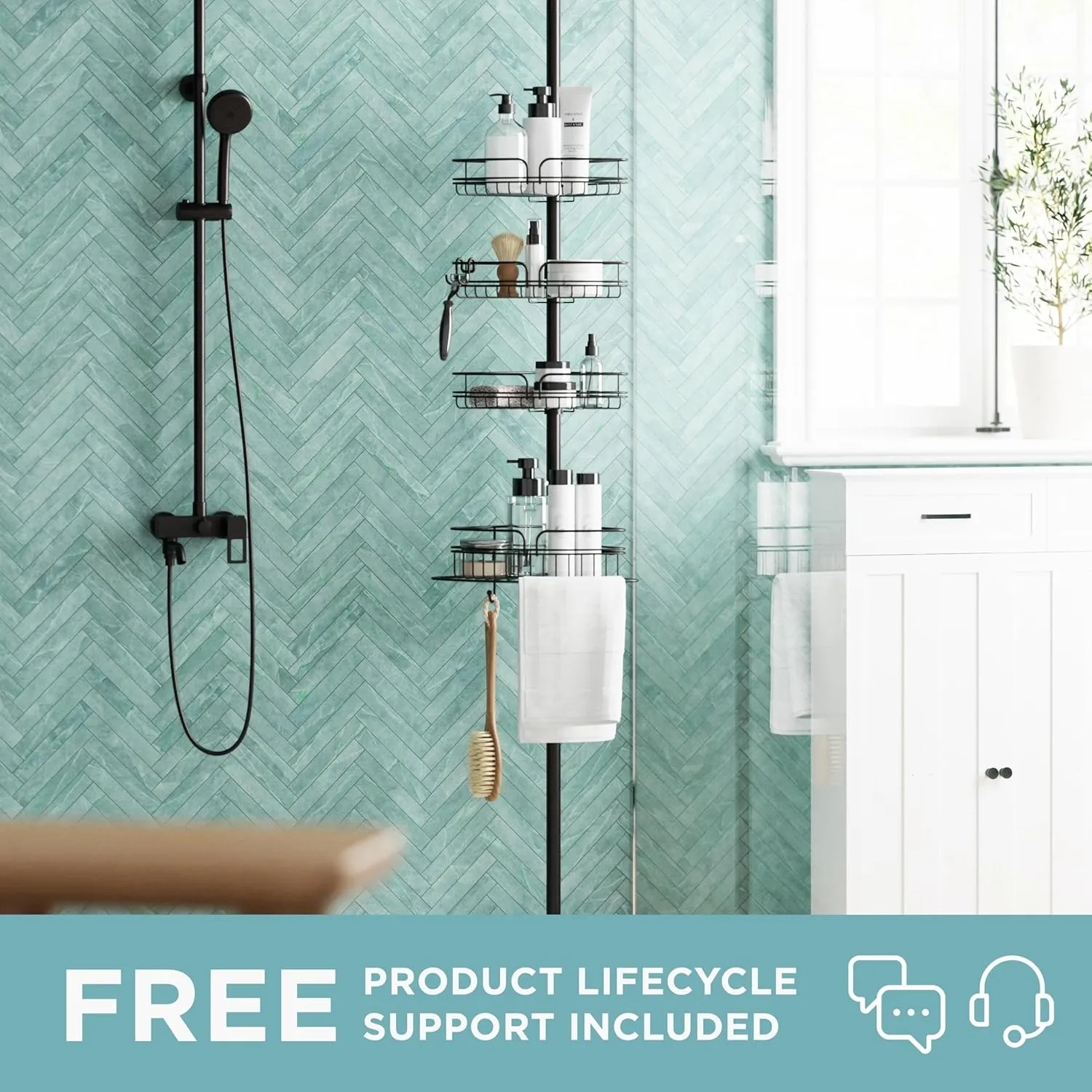 Zenna Home Tension Pole Shower Caddy, Adjustable Corner Shower Storage System with 4 Baskets and Built in Towel Bar, Bathroom Organization Solution, 60 to 97 Inch, Bronze
