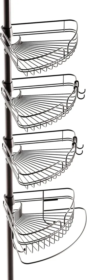 Zenna Home Tension Pole Shower Caddy, Adjustable Corner Shower Storage System with 4 Baskets and Built in Towel Bar, Bathroom Organization Solution, 60 to 97 Inch, Bronze