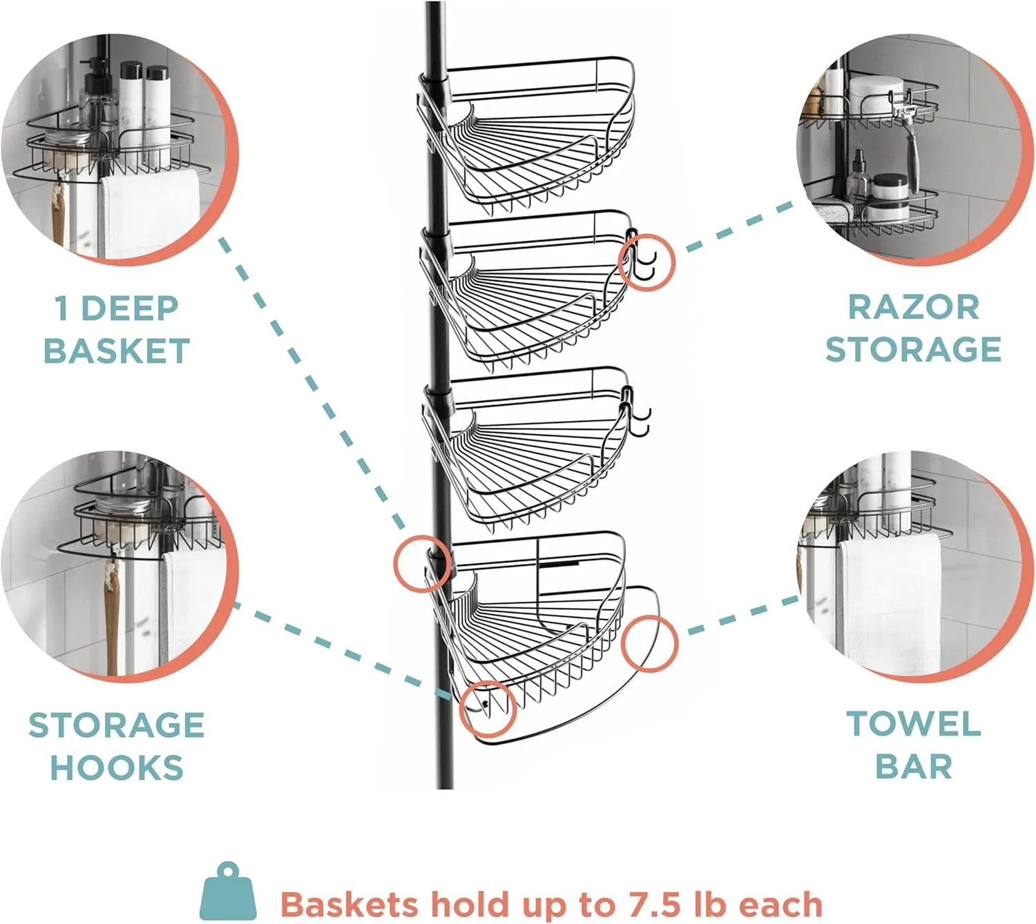 Zenna Home Tension Pole Shower Caddy, Adjustable Corner Shower Storage System with 4 Baskets and Built in Towel Bar, Bathroom Organization Solution, 60 to 97 Inch, Matte Black
