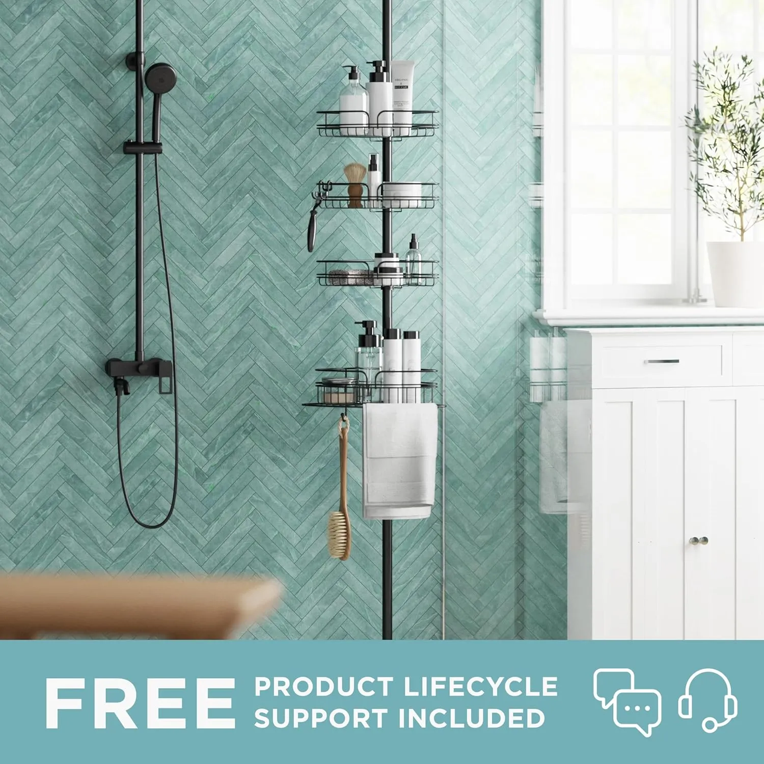 Zenna Home Tension Pole Shower Caddy, Adjustable Corner Shower Storage System with 4 Baskets and Built in Towel Bar, Bathroom Organization Solution, 60 to 97 Inch, Matte Black