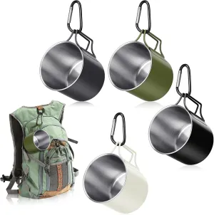 Zhehao 4 Pcs Camping Mugs with Folding Handles D Ring Stainless Steel Camp Cups Portable 12 oz Backpacking Mugs Travel Coffee Cups for Outdoor Hiking Climbing Picnic