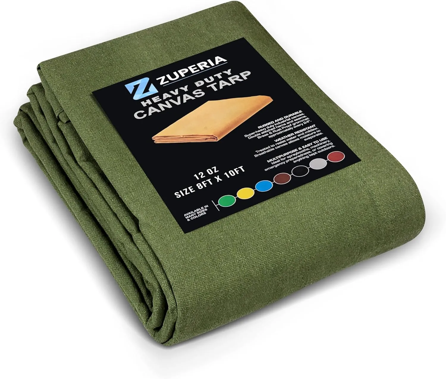 Zuperia Heavy Duty Canvas Tarp (8' x 10' ft - Pack of 1) with Rustproof Grommets, UV Resistant & Tear Resistant Multipurpose Tarpaulin Cover for Outdoor, Industrial & Commercial Use (Olive Green)